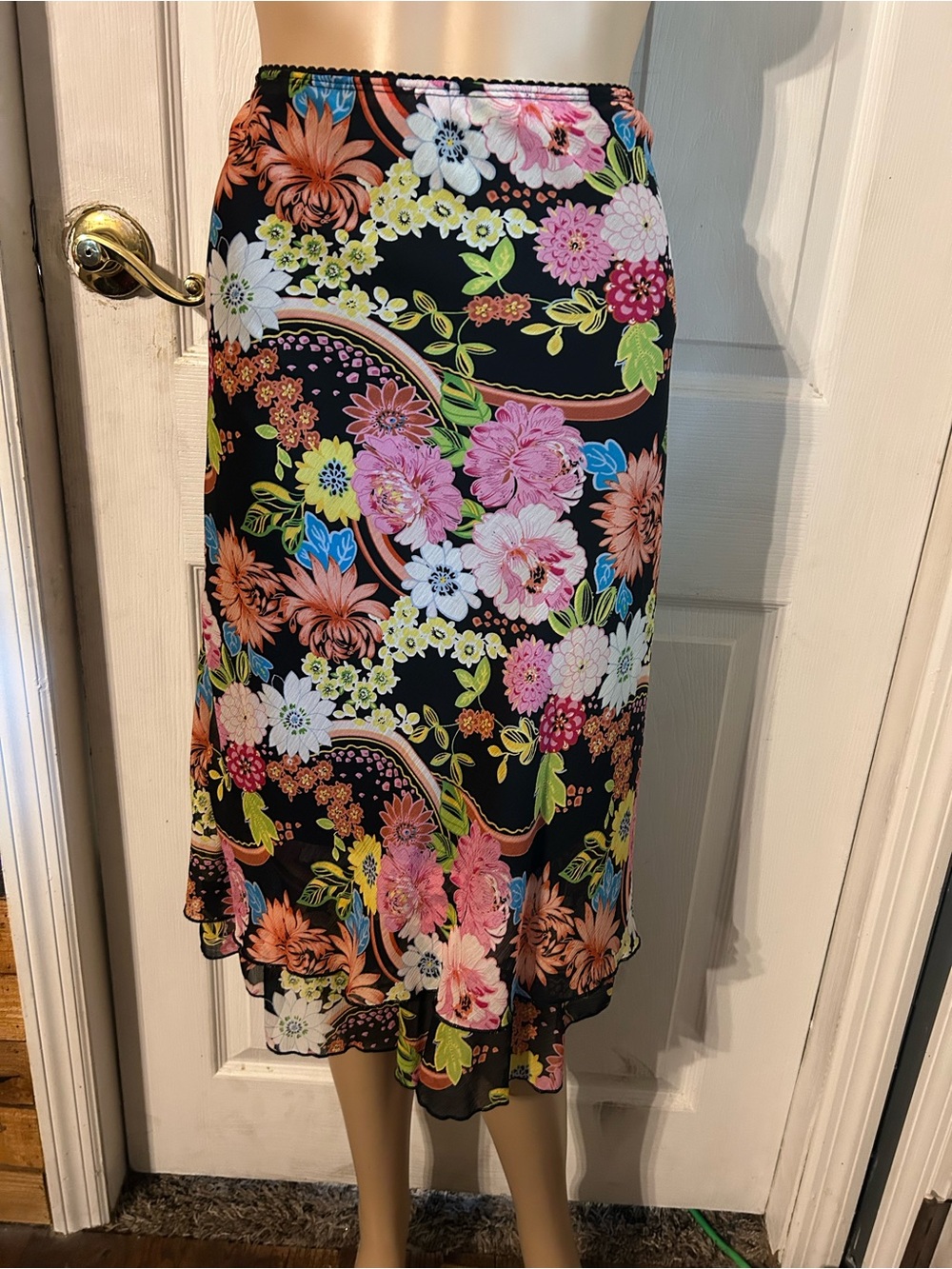 Notations Black Floral Midi Skirt with Pink & Orange Blooms